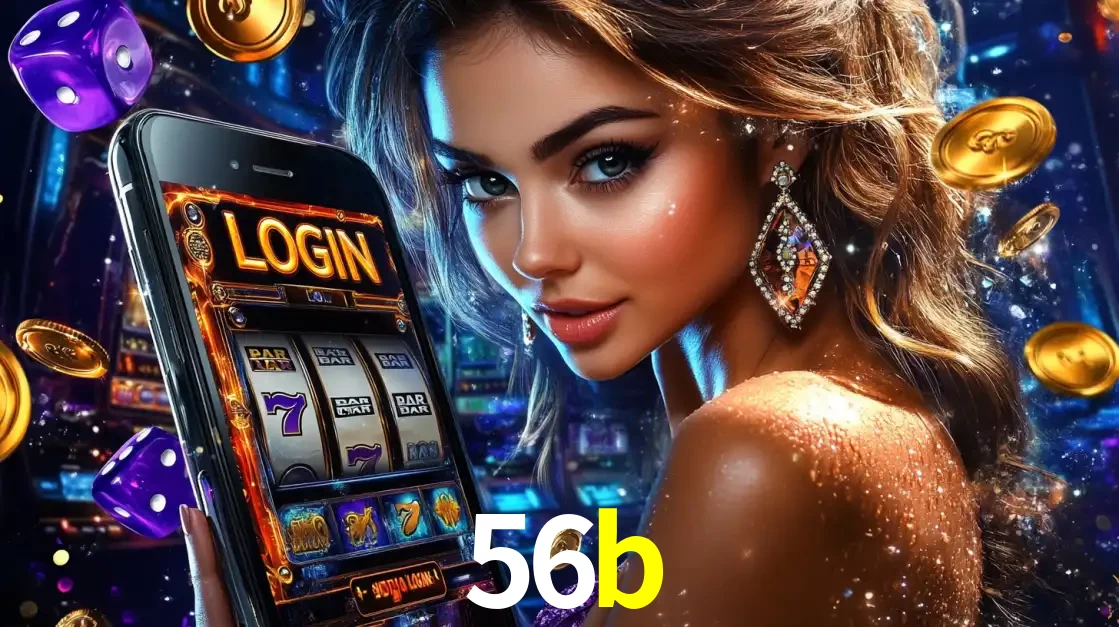 Mulher glamorosa segurando um smartphone com a tela de login para os jogos de caça-níqueis do cassino online 56b, com moedas de ouro e dados ao redor.